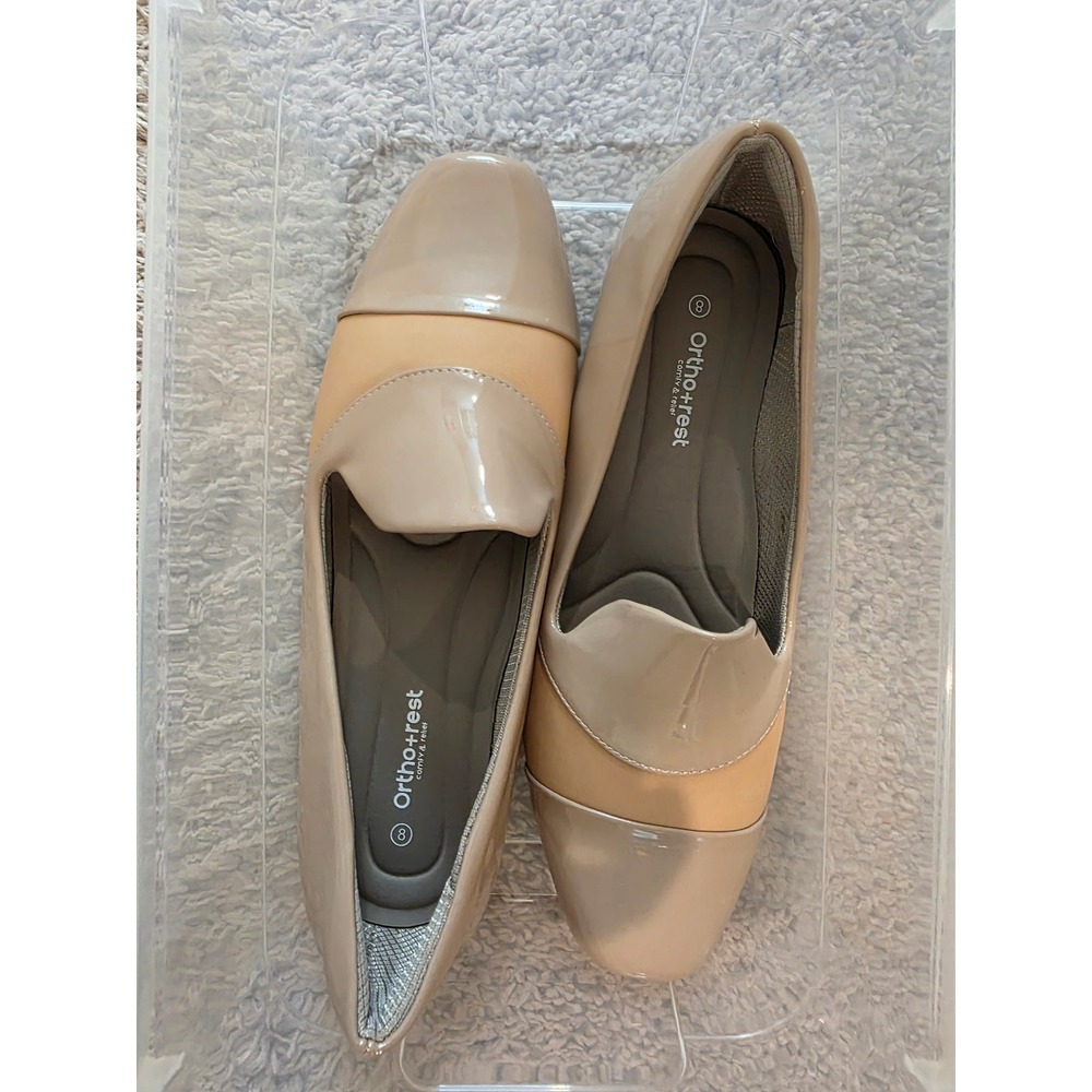 Womens sz 8 NWOT Ortho+Rest Tan Beige Patent Square Toe Loafers Gold Heel Accent - Picture 9 of 11